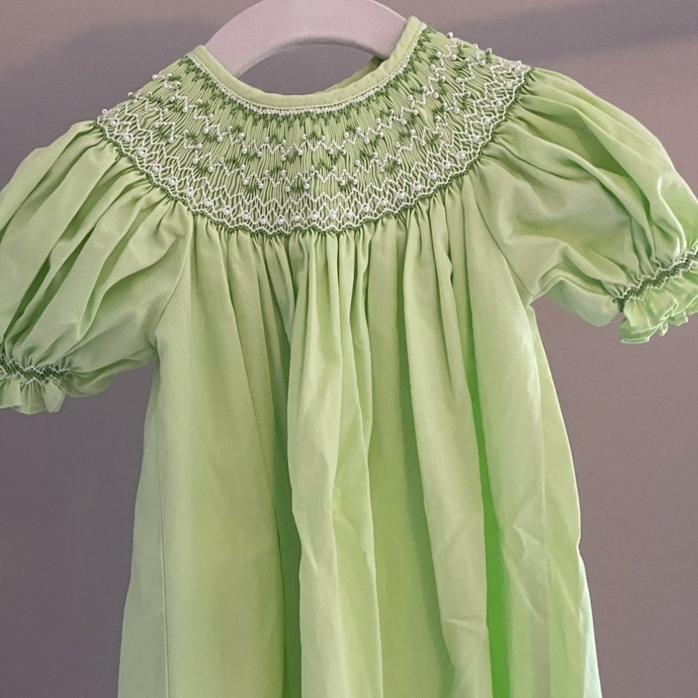 Green Smocked Bishop Dress